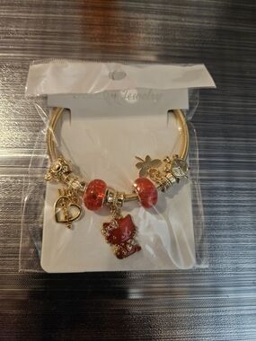 Hello Kitty Gold-Tone Charm Bracelet with Red Beads